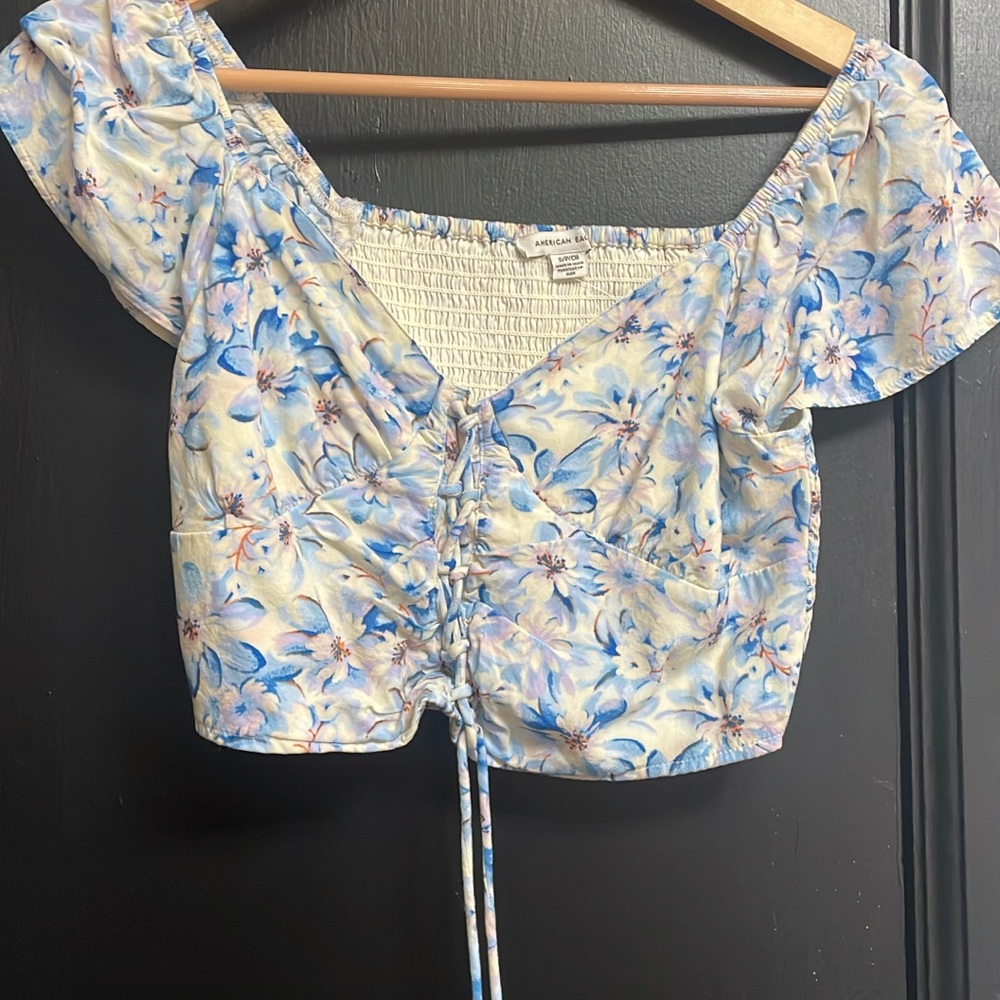 American Eagle Outfitters Floral Blue Cream Blouse